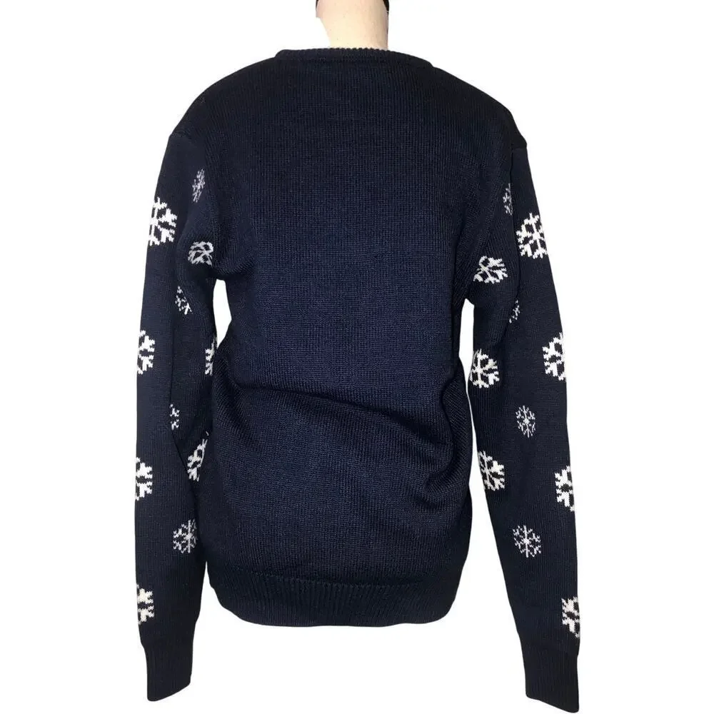 Christmas Sweater Penguin Reindeer Snowflakes Size M Mens Blue Jumper Textured